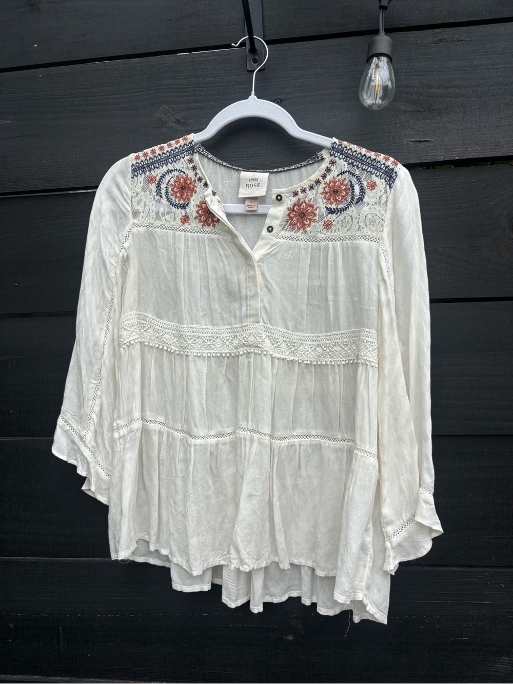Knox Rose White Peasant Tunic with Rust and Navy Embroidery